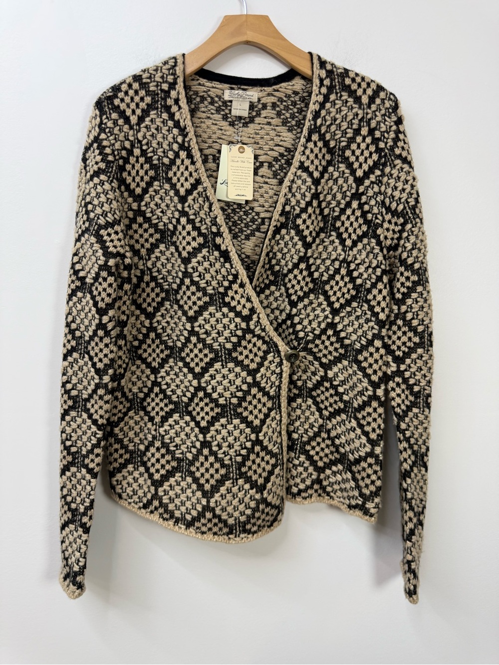 Lucky Brand Black & Cream Geometric Knit Women's Cardigan Sweater size L - Picture 3 of 11